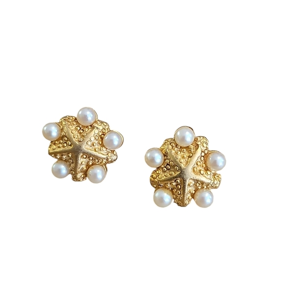 Gold and White Starfish Earrings with Pearl Accents - Picture 1 of 4